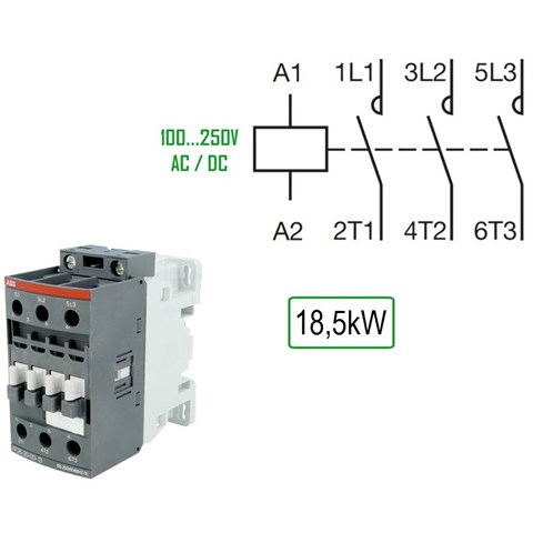 Contactor, ABB AF38, 100-250V AC+DC, Screw conn.., 38A/18,5kW