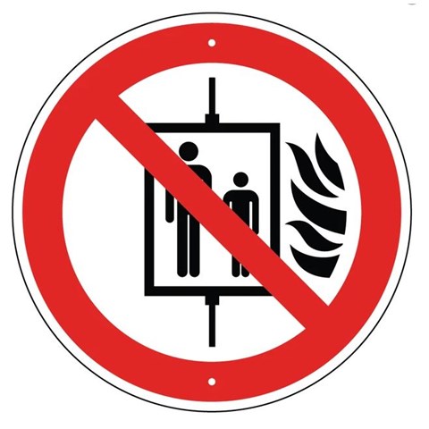 Schild mit Symbol "Aufzug im Brandfall nicht benutzen", Plast, 60x60mm
